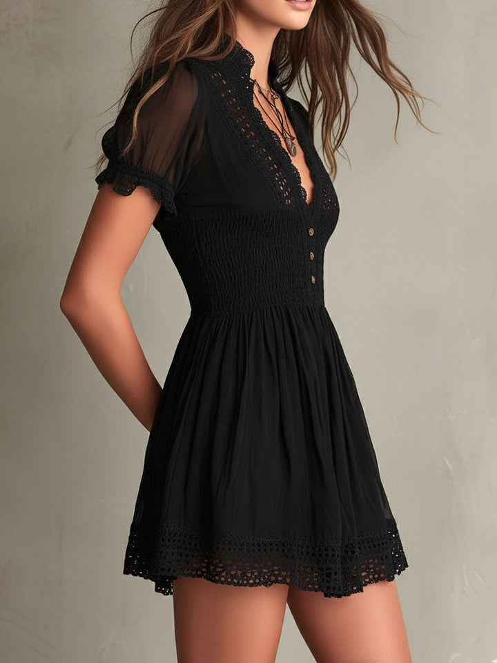 Classic Muse Smocked Lace-Trim Black  Mini Dress