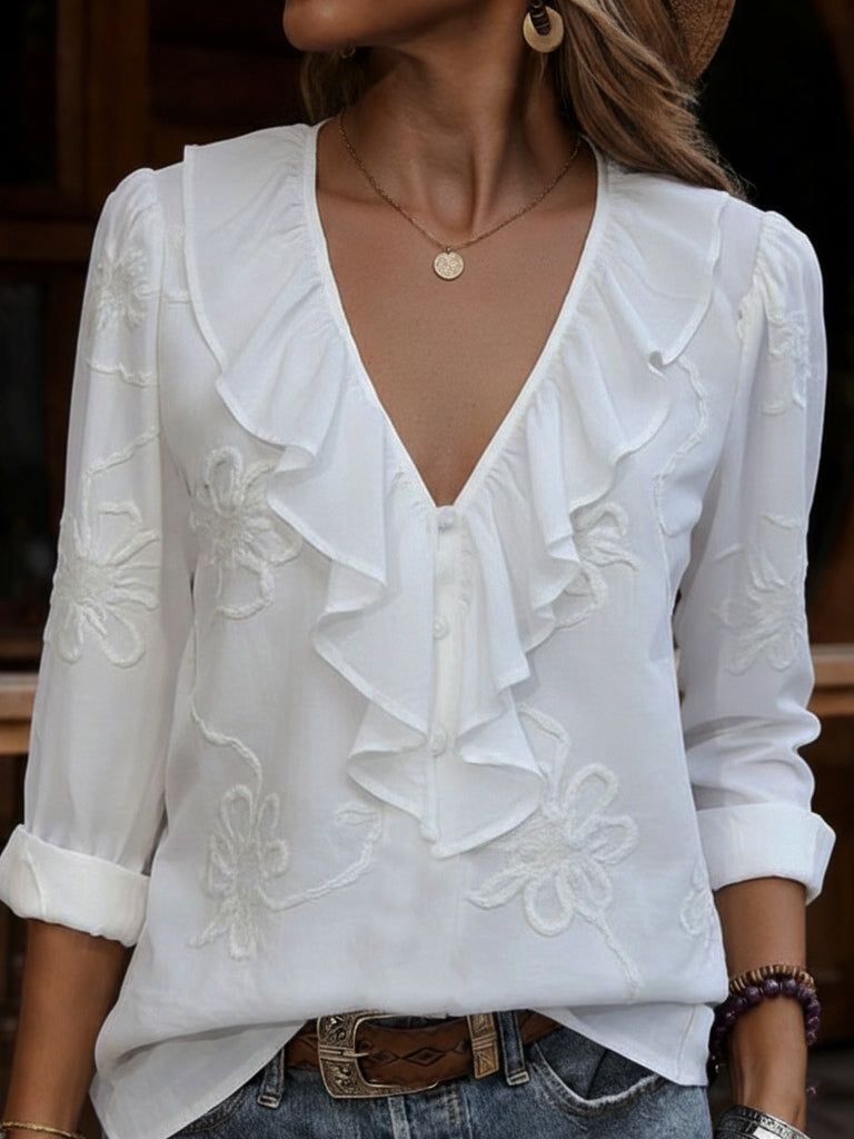 CELESTINE | VINTAGE FLORAL EMBROIDERED FRILL V-NECK SHIRT