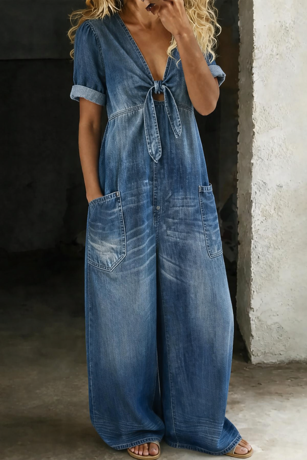 Maya™ | V-Neck Wide-Leg Denim Jumpsuit