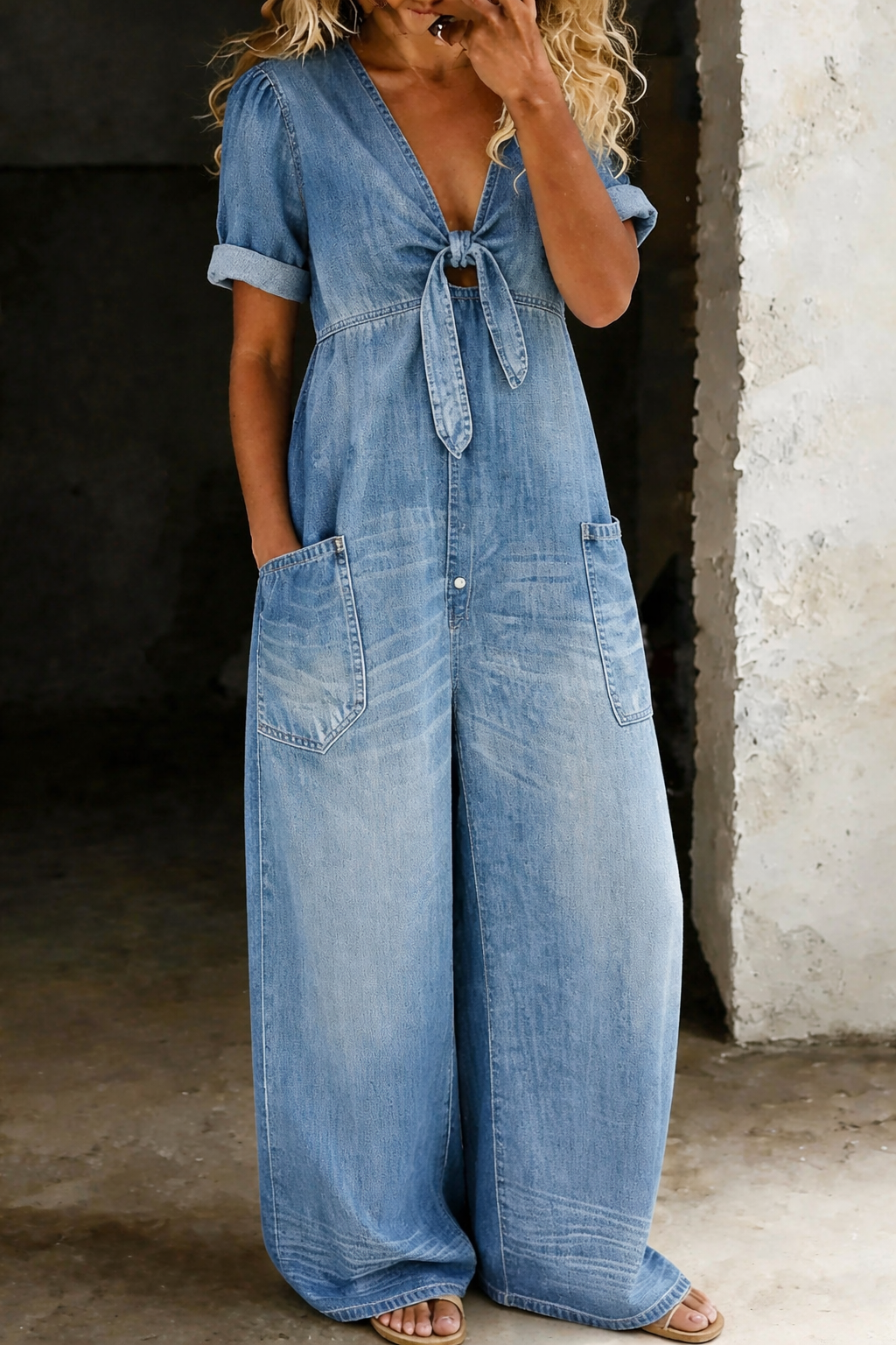 Maya™ | V-Neck Wide-Leg Denim Jumpsuit