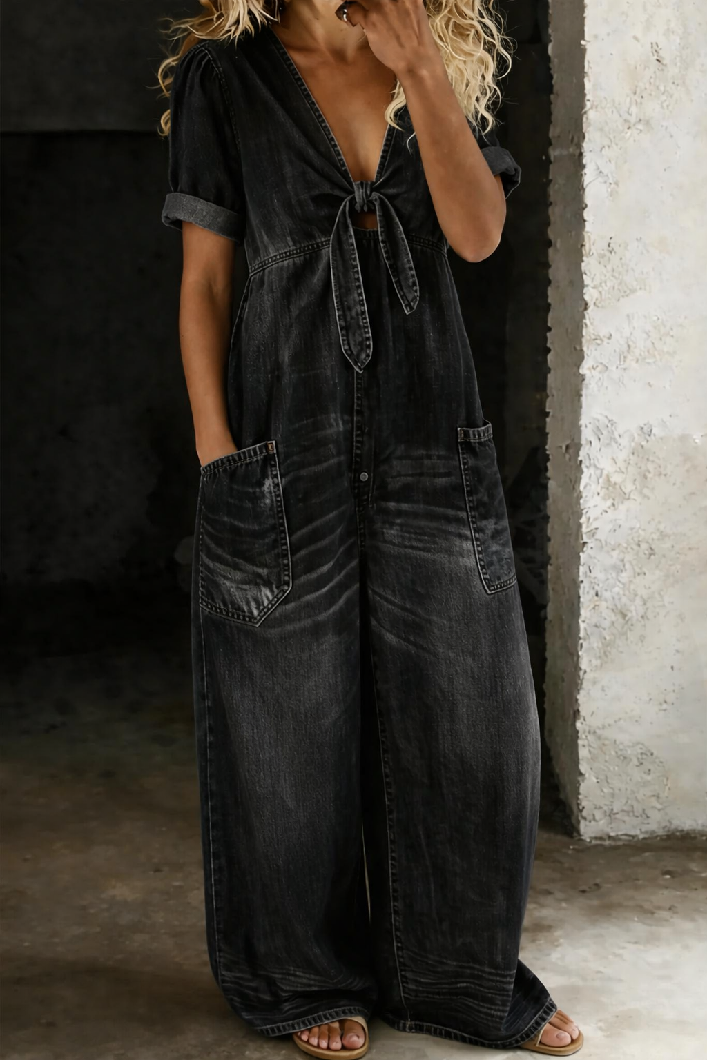 Maya™ | V-Neck Wide-Leg Denim Jumpsuit