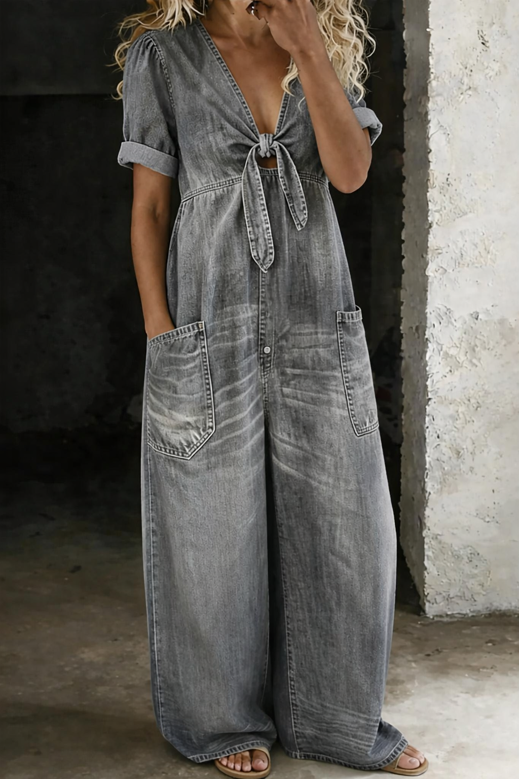 Maya™ | V-Neck Wide-Leg Denim Jumpsuit
