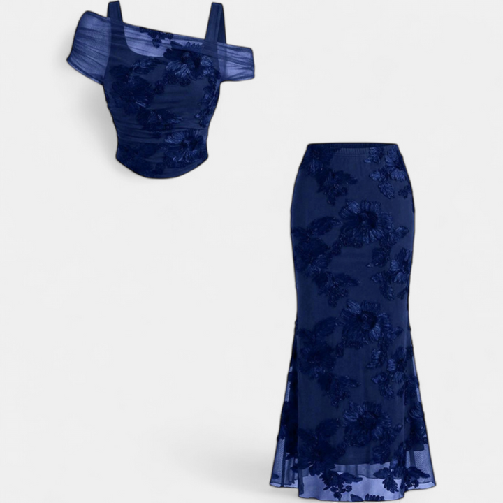 Women's Mesh Embroidered Off Shoulder Mermaid Maxi Dress Set