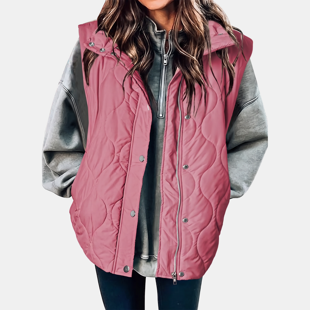 Women's Quilted Puffer Vest Sleeveless Zip and Snap Button Hooded Coat