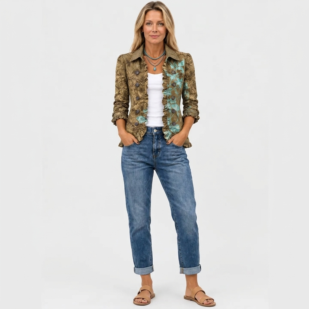 Sundara™ - Vintage Floral Ruffle Jacket with Boho Gradient Design