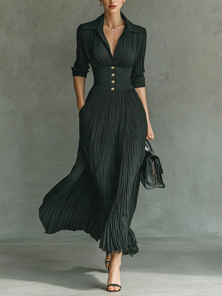 Elvira | Long pleated dress with lapel and high waist