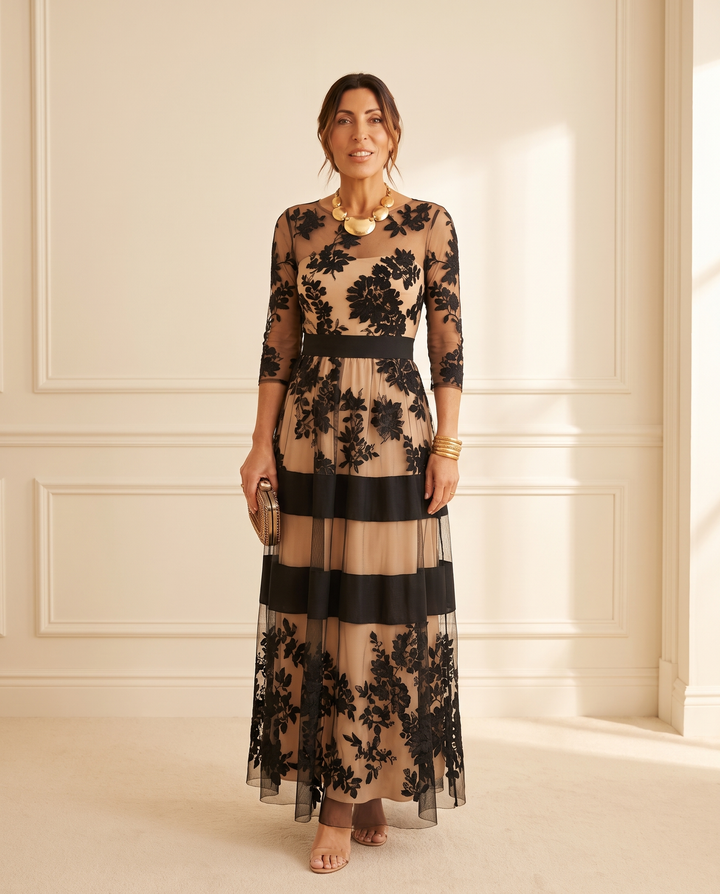 Josephine - Elegant Black Lace Midi A-Line Dress