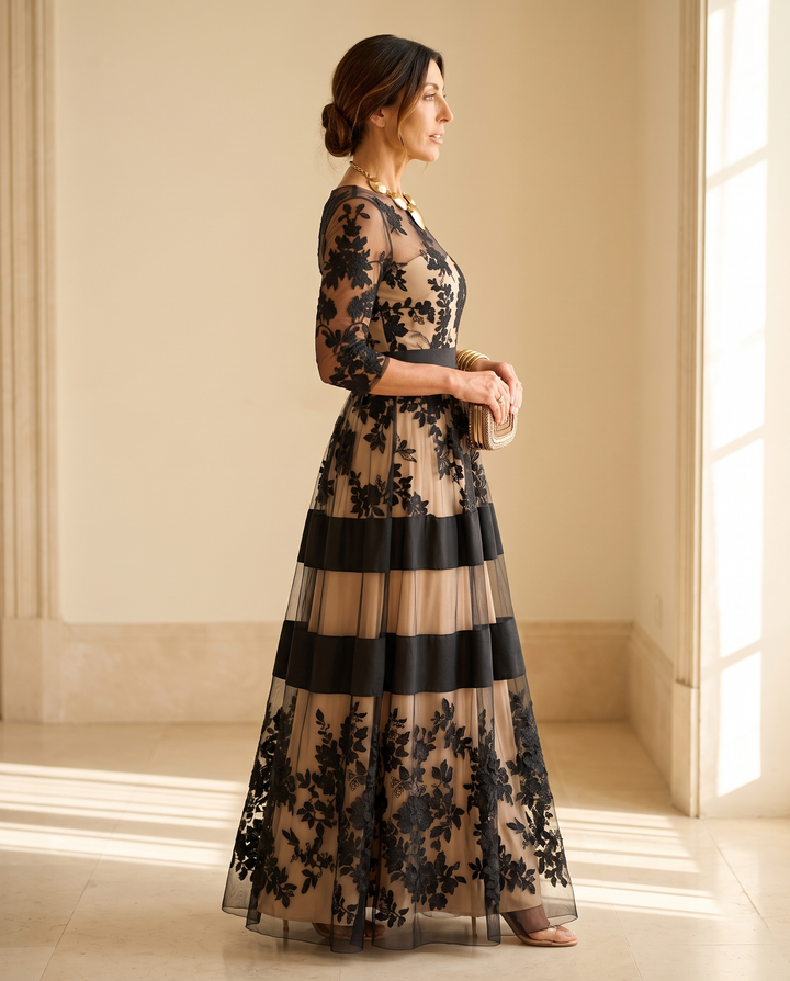 Josephine - Elegant Black Lace Midi A-Line Dress