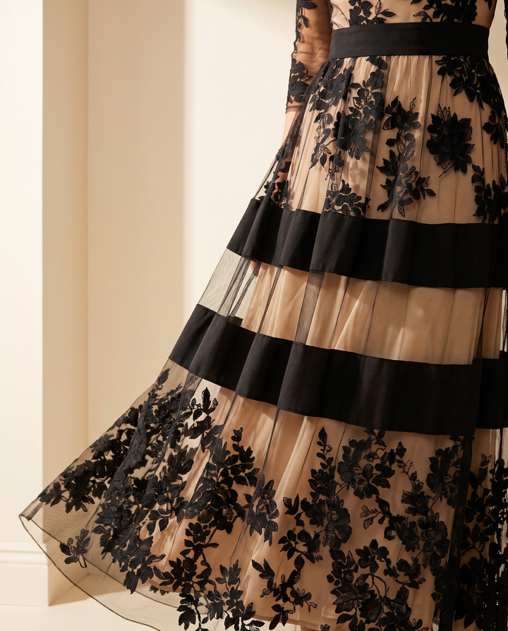 Josephine - Elegant Black Lace Midi A-Line Dress
