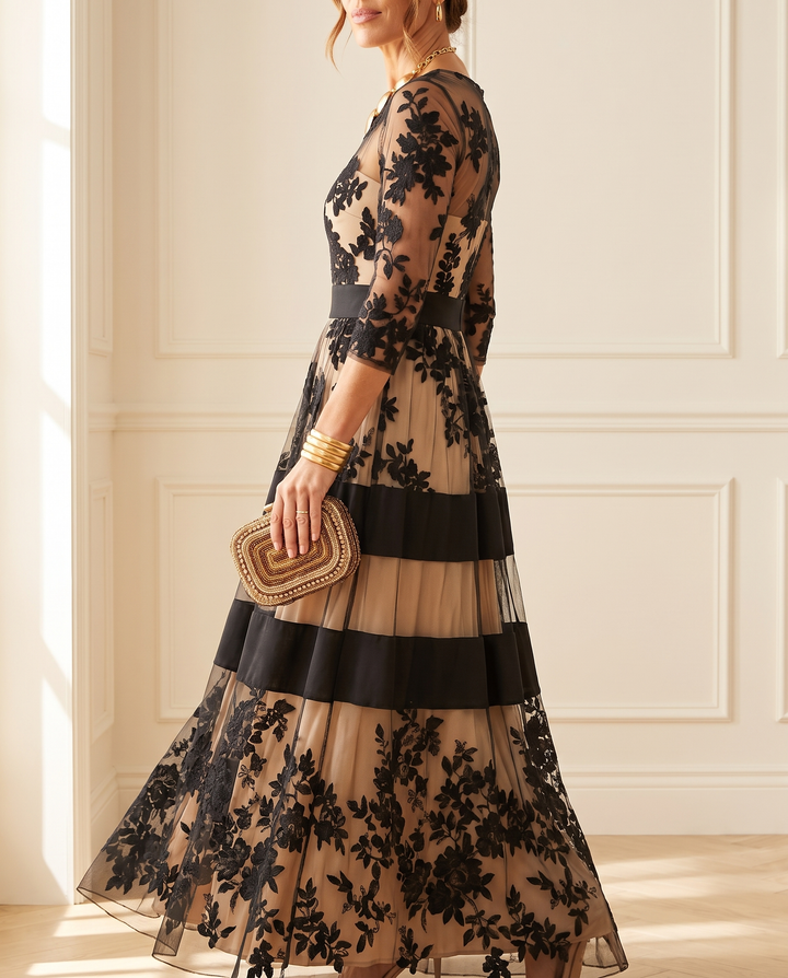 Josephine - Elegant Black Lace Midi A-Line Dress