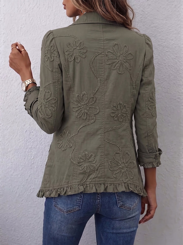 Kamberly™ | Boho-Chic Floral Embroidered Utility Ruffled Trim Jacket.