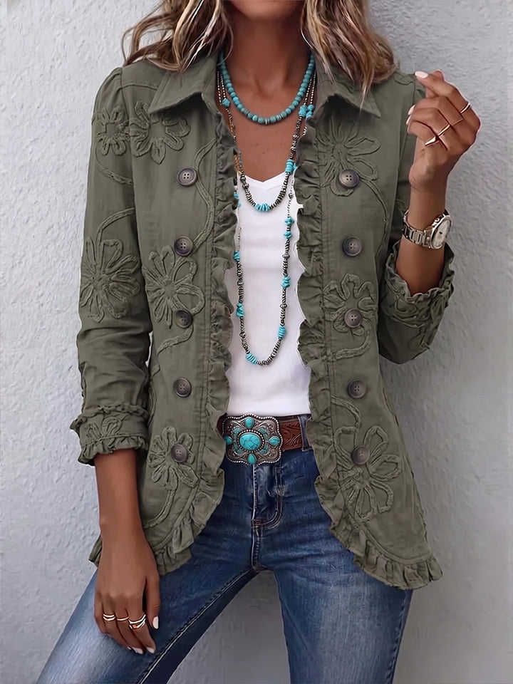 Kamberly™ | Boho-Chic Floral Embroidered Utility Ruffled Trim Jacket.