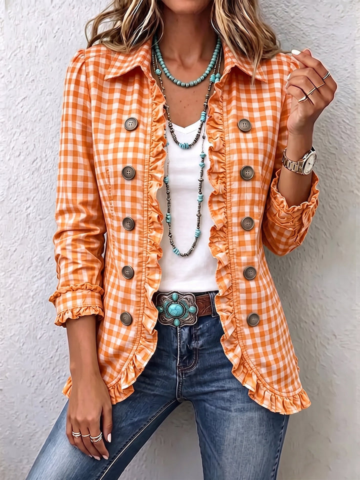 Charlene™ - Ruffled Gingham Button-Up Jacket