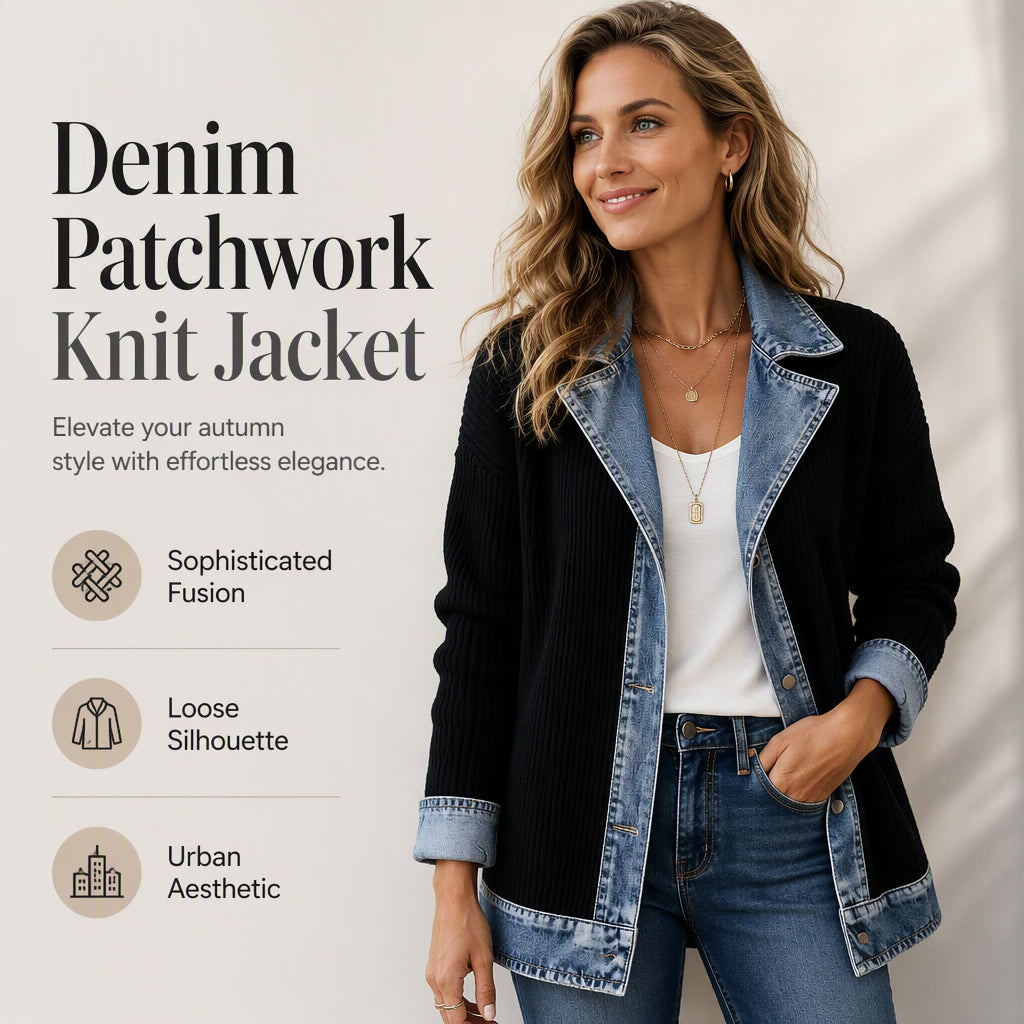 ⭐ Elegante damesjas van denim met geribbelde gebreide inzet