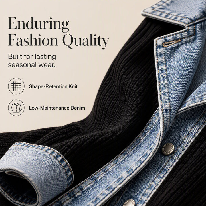⭐ Elegante damesjas van denim met geribbelde gebreide inzet
