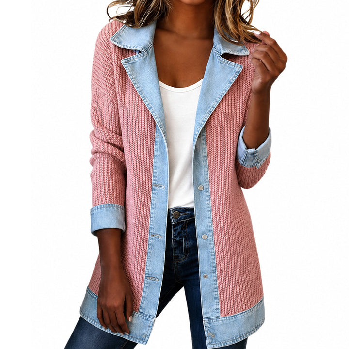 ⭐ Elegante damesjas van denim met geribbelde gebreide inzet
